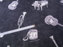 Baumwollstoff schwarz grau meliert mit Musikinstrumente...