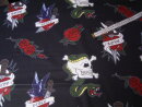 Schwarzer Baumwollstoff mit Totenköpfe und Rosen